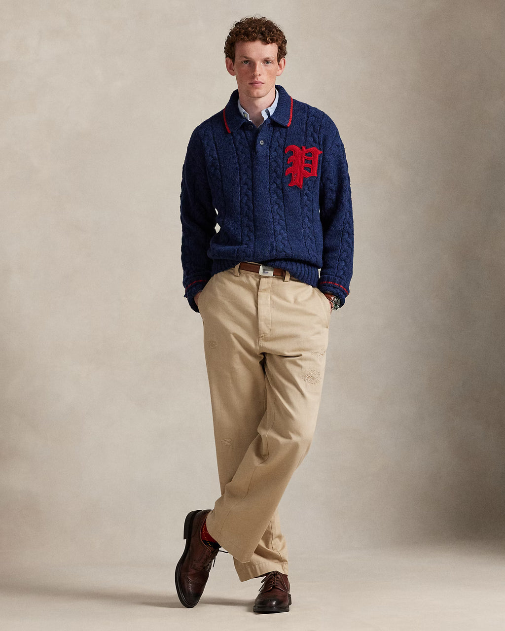 Cable-Knit Polo-Collar Letter Jumper