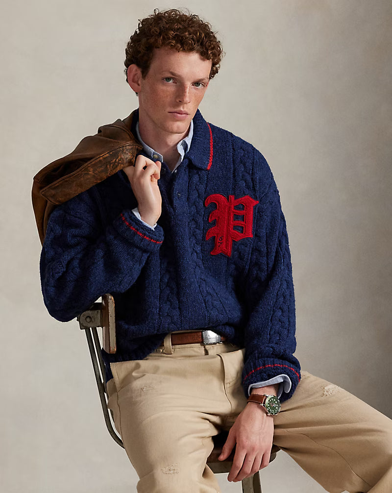 Cable-Knit Polo-Collar Letter Jumper