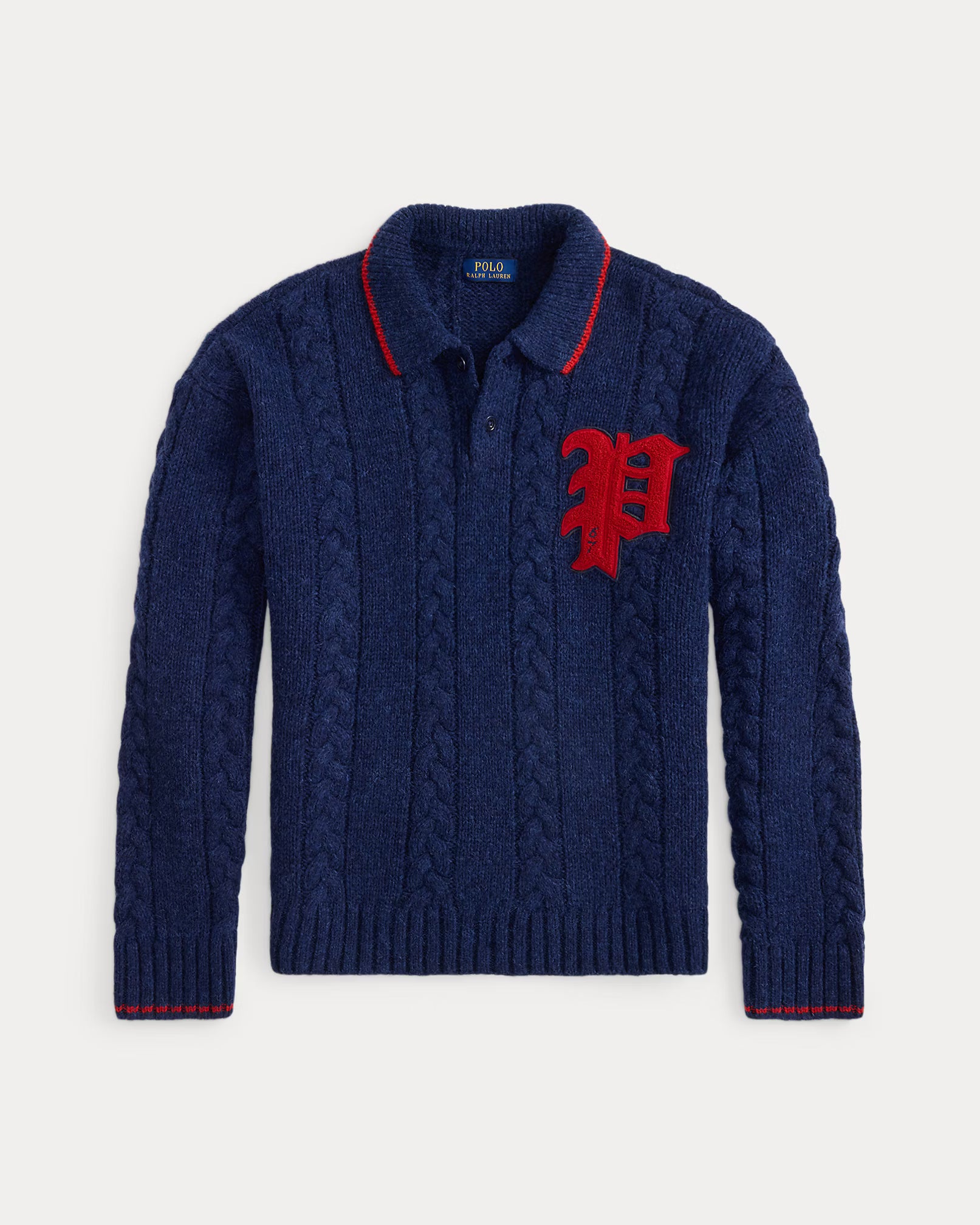 Cable-Knit Polo-Collar Letter Jumper